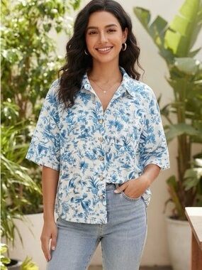 mySTYLE Blue White Toile Hibiscus Tropical Floral Button-Down Shirt 100% Cotton